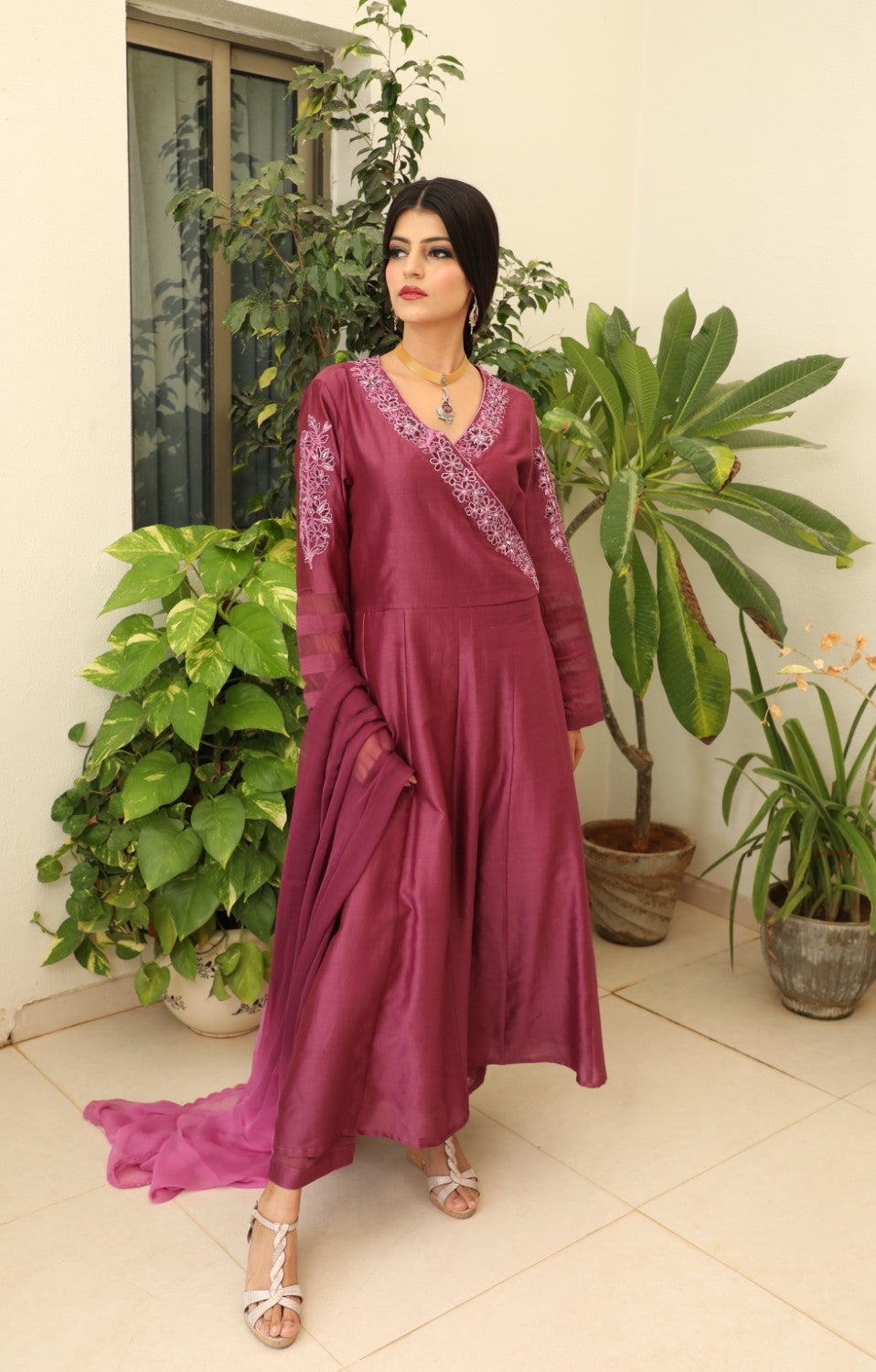 Mehr Anarkali Set- Aubergine