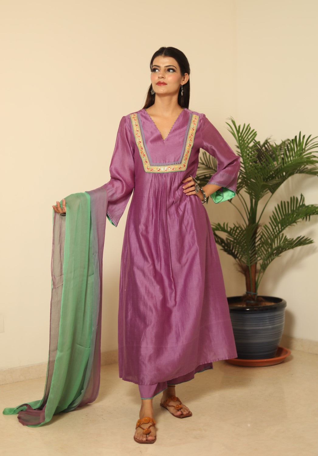 Purple Pleated Kurta Set