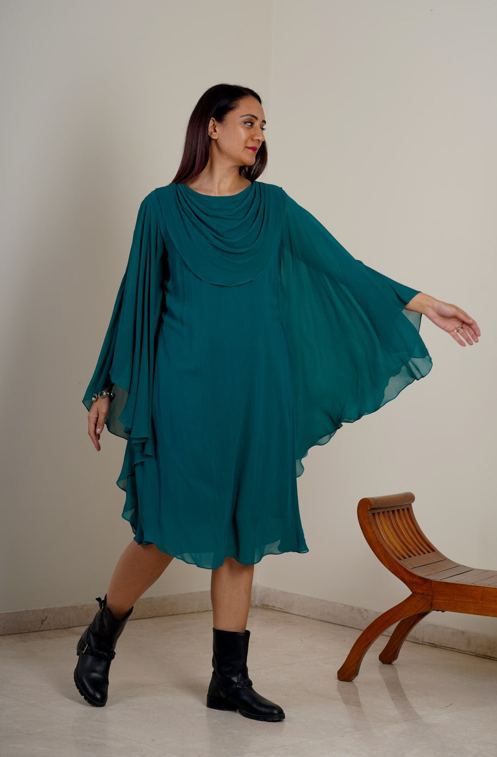 Batwings Dress-Teal Green