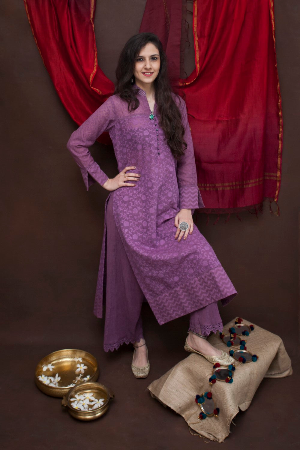 Classic Mandarin collar tunic with Palazzo- Aubergine