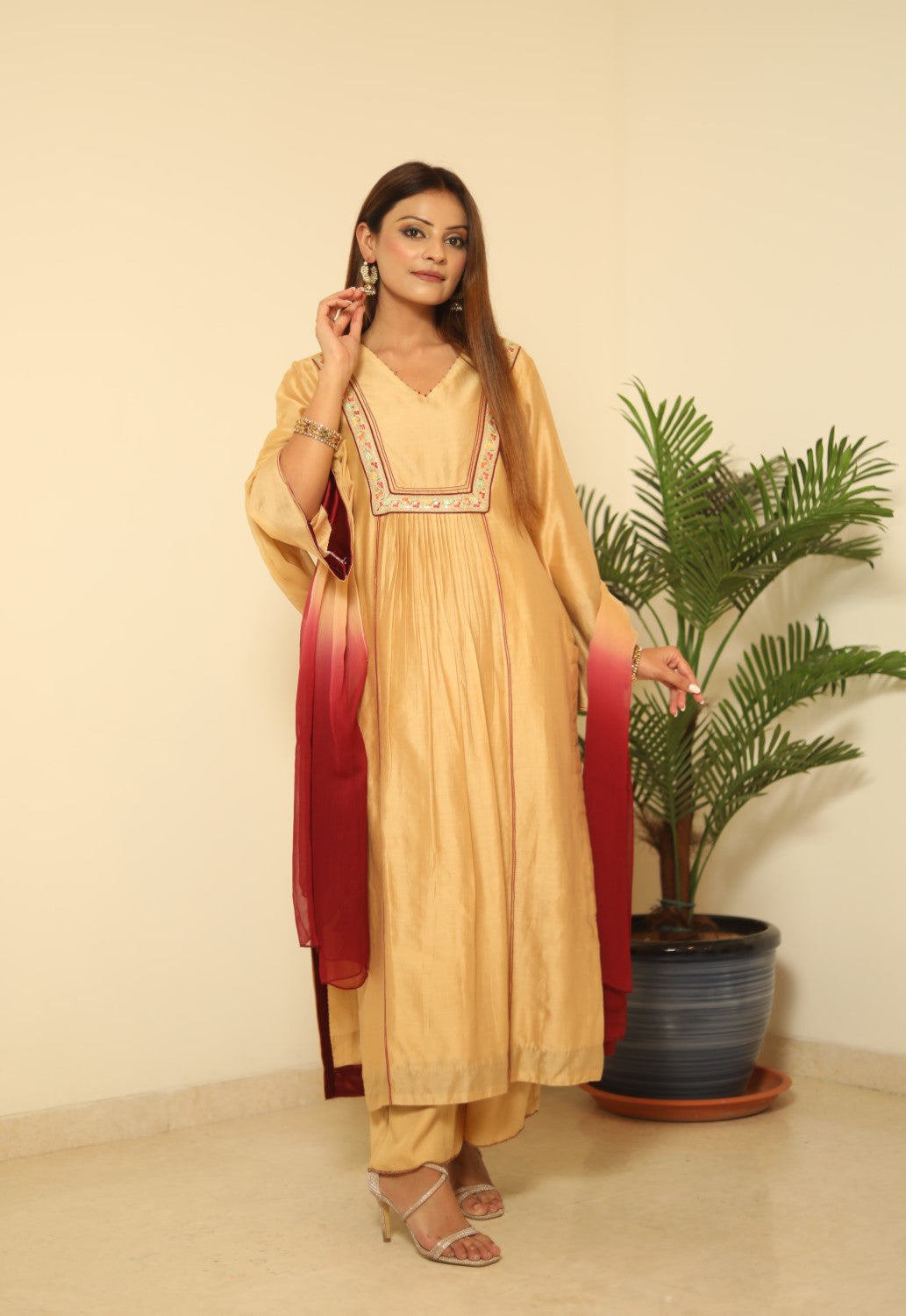 Golden pleated Kurta Set