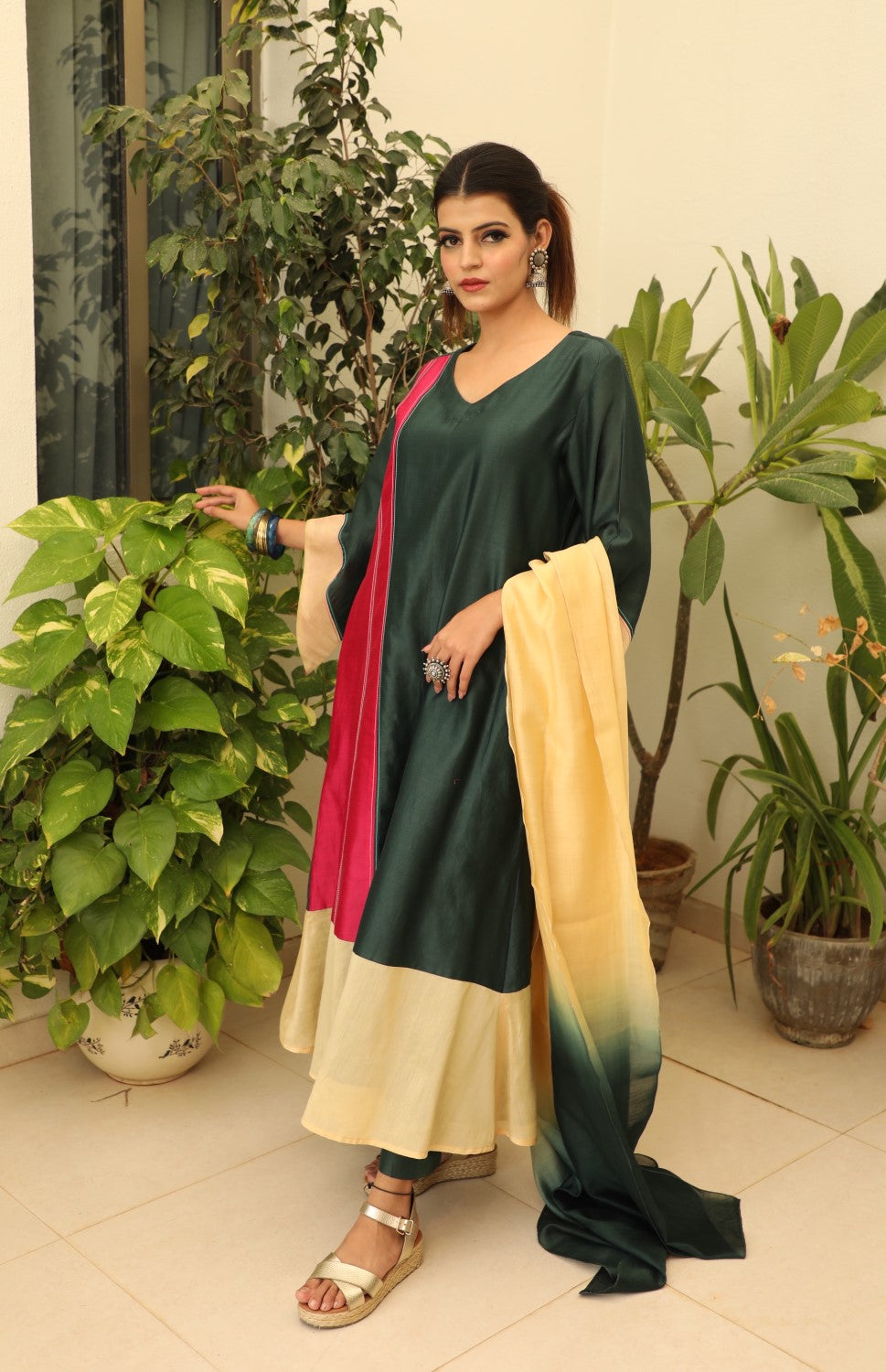 Bottle Green Mughal Sleeves Suit Set