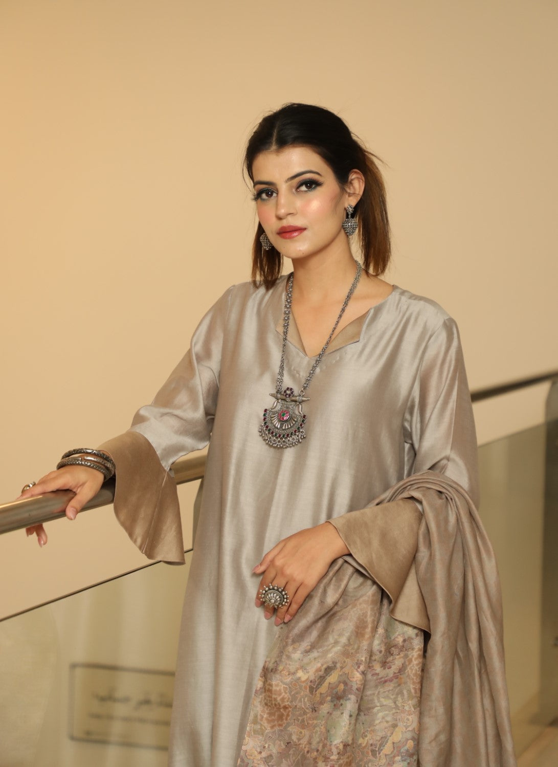 A-line Steel Grey Kurta Set