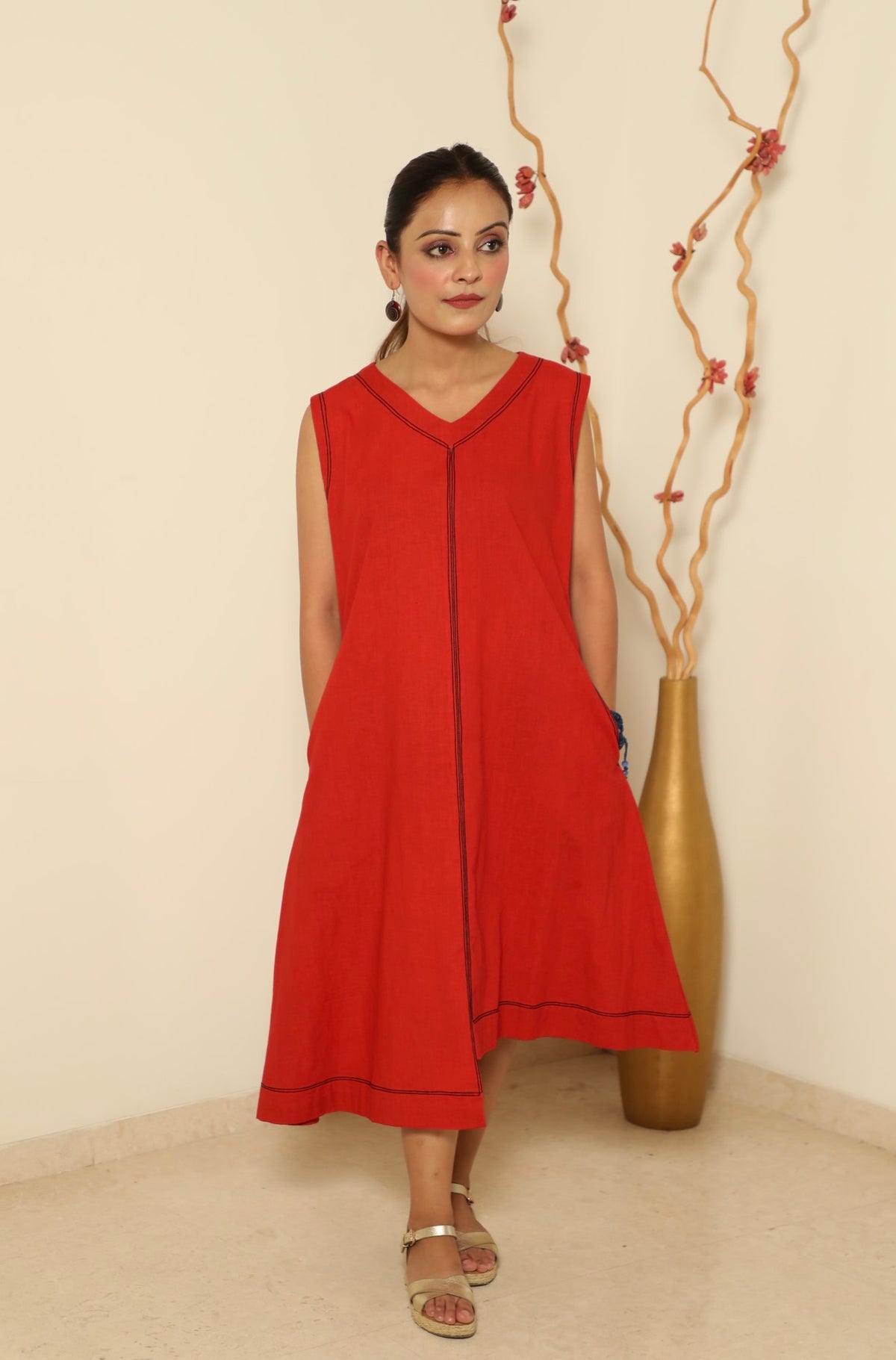 Asymmetric Hem Dress-Red