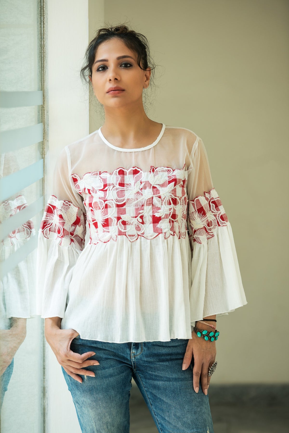 Crinkled Embroidered Top