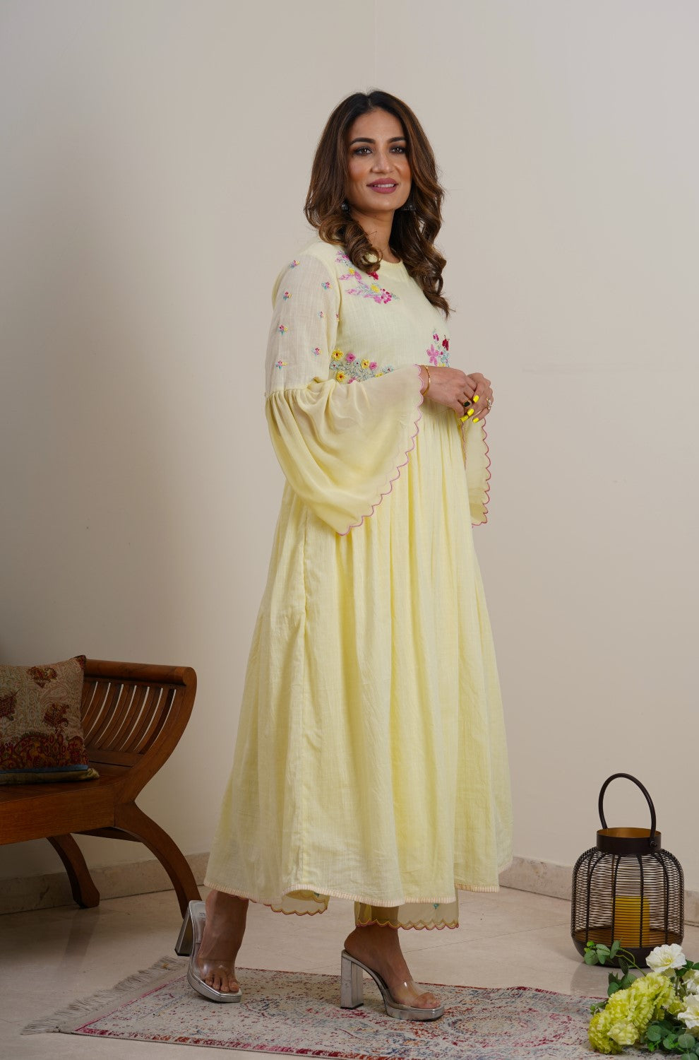 Lemon Yellow Floral Anarkali Set