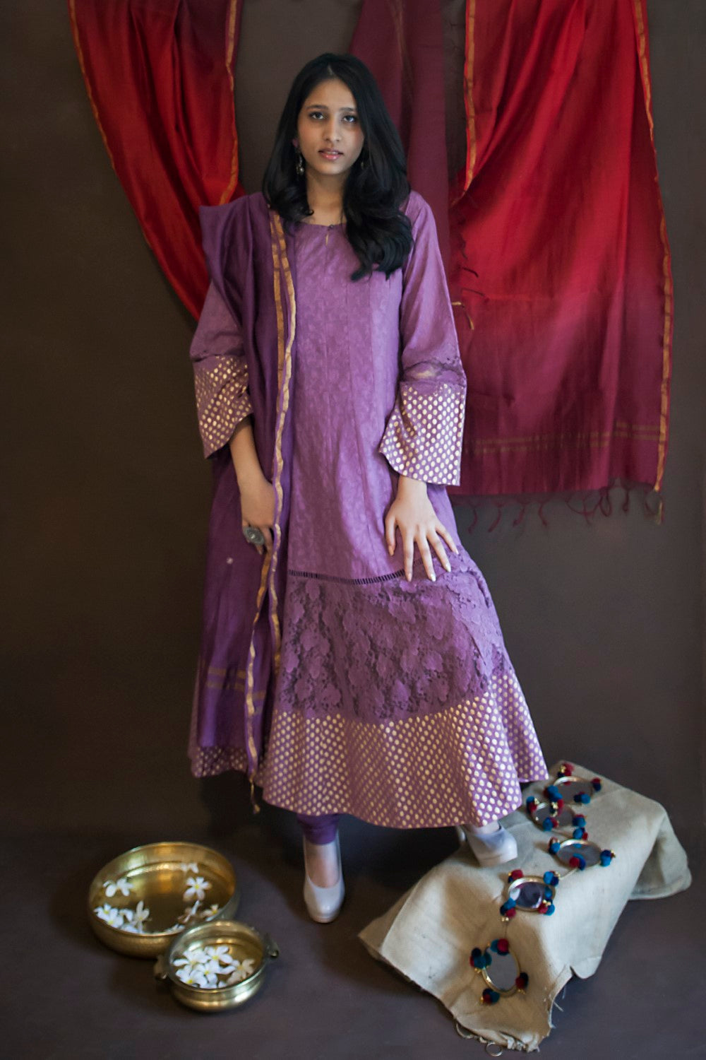 24 Panelled Anarkali with churidar & dupatta- Aubergine