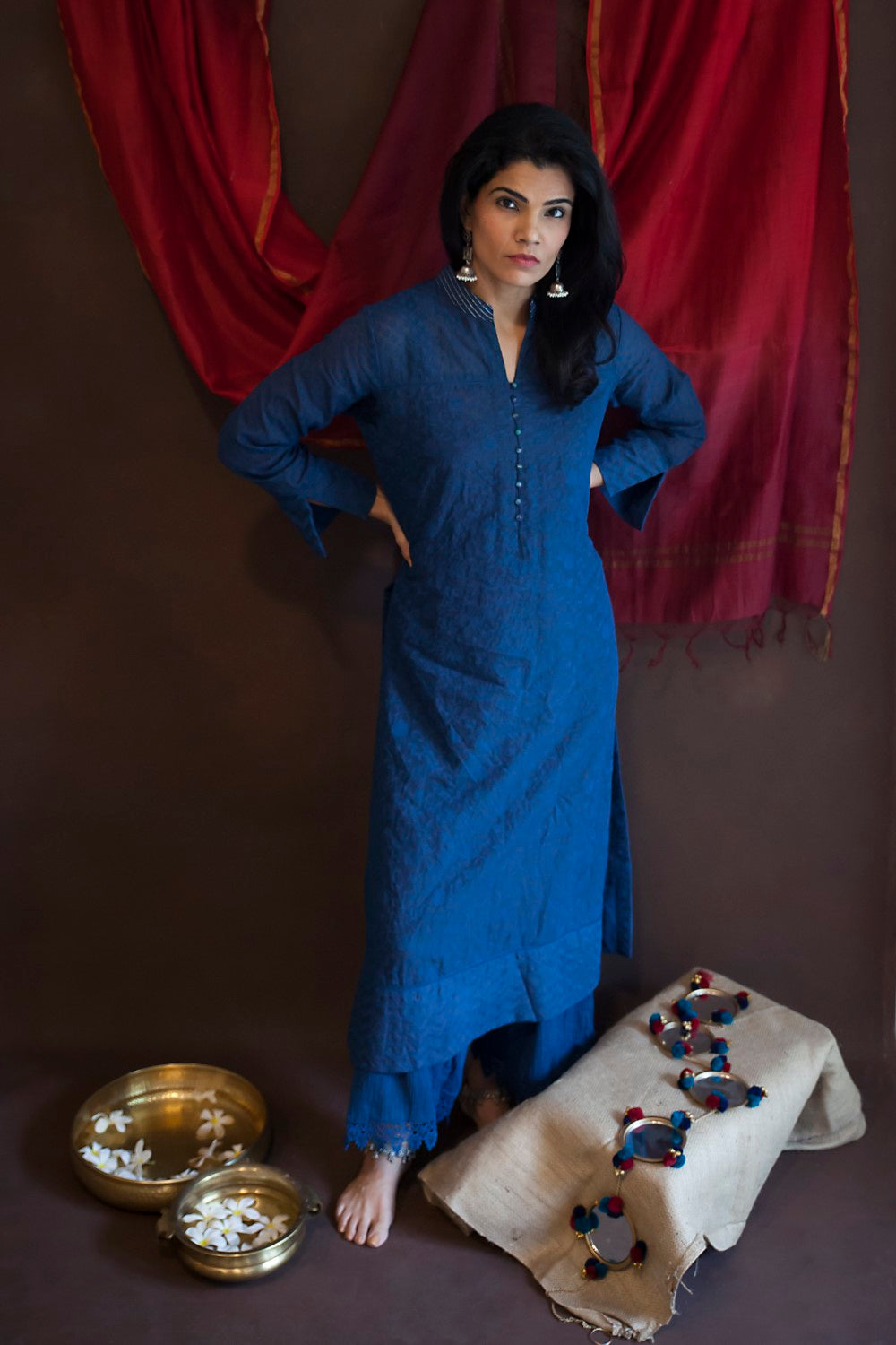 Classic Mandarin collar tunic with Palazzo- Blue