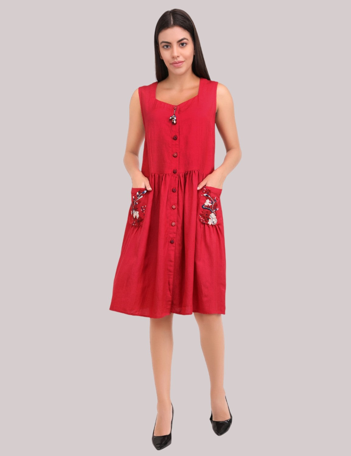 Red front open cotton linen dress